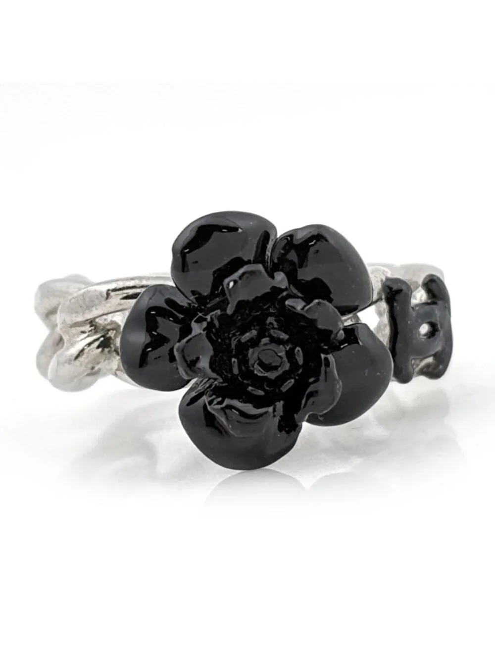 Chanel Ring CC Logo Camellia Silver Plated Black